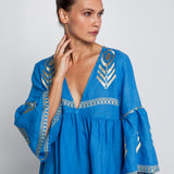 Greek Archaic Kori Feather Bell Sleeve Kaftan - Blue Raf and Gold - Simply Beach UK