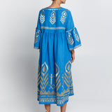 Greek Archaic Kori Feather Bell Sleeve Kaftan - Blue Raf and Gold - Simply Beach UK