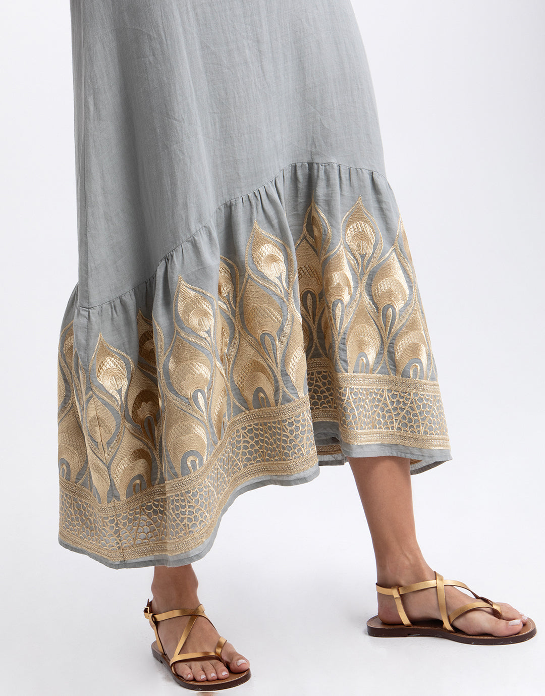 Greek Archaic Kori Phoenix Strappy Midi Dress - Light Grey and Gold - Simply Beach UK