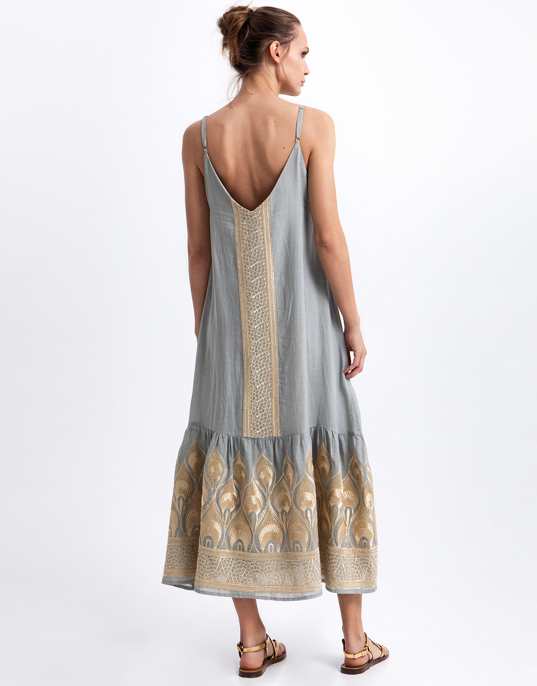 Greek Archaic Kori Phoenix Strappy Midi Dress - Light Grey and Gold - Simply Beach UK