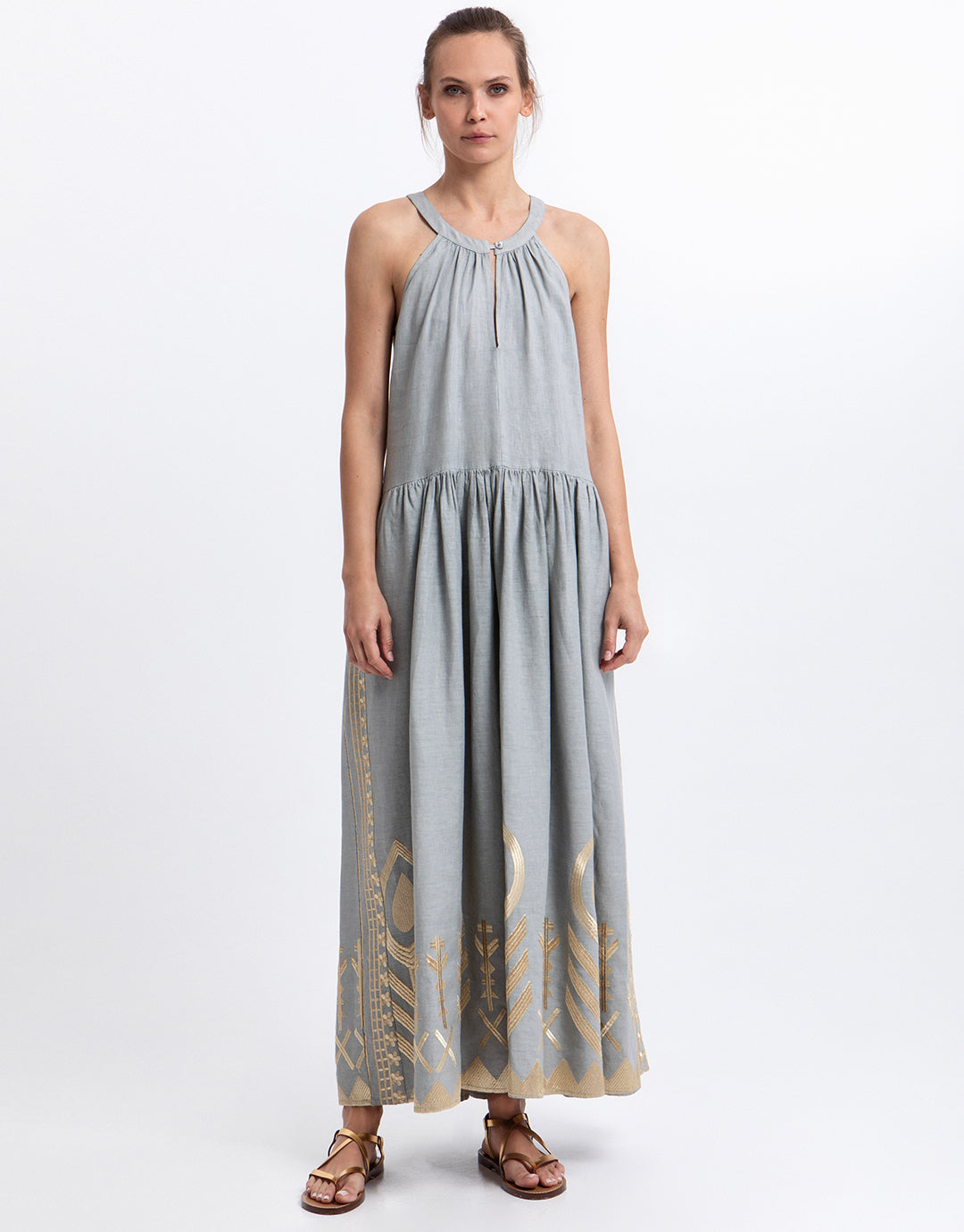 Greek Archaic Kori Feather High Neck Dress - Stone and Gold - Simply Beach UK