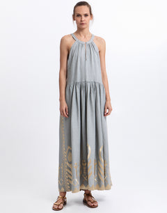 Greek Archaic Kori Feather High Neck Dress - Stone and Gold - Simply Beach UK