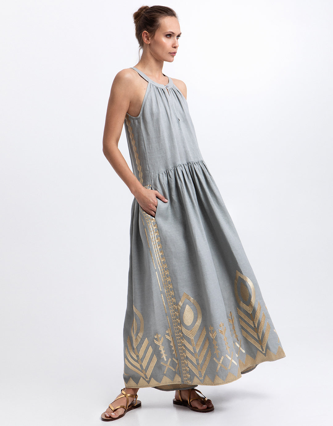 Greek Archaic Kori Feather High Neck Dress - Stone and Gold - Simply Beach UK