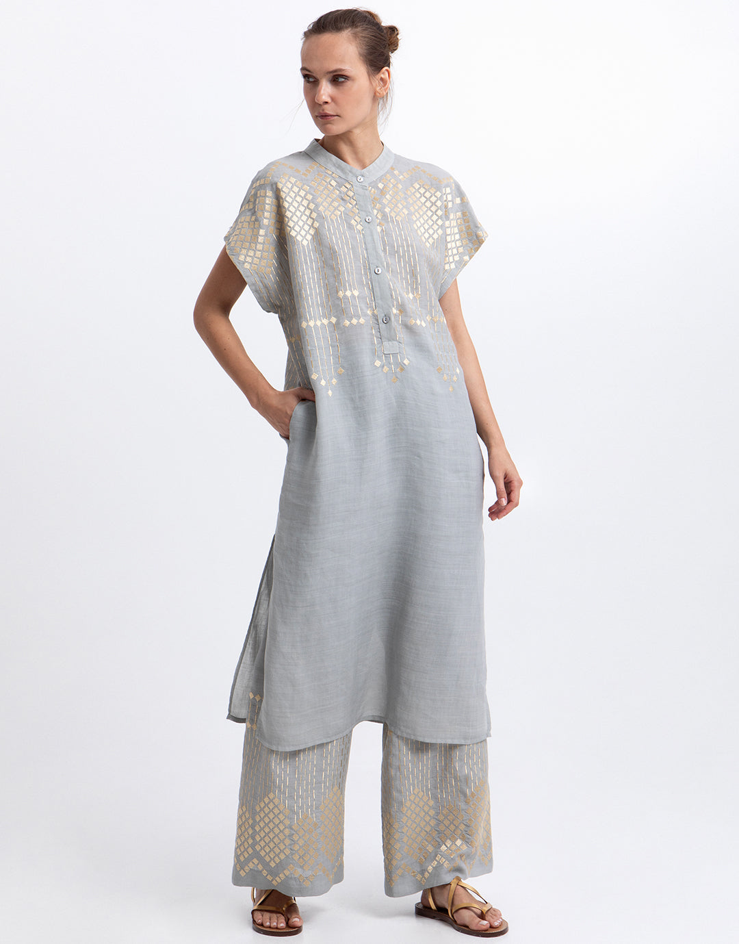 Greek Archaic Kori Grape Midi Tunic Dress - Light Grey and Gold - Simply Beach UK