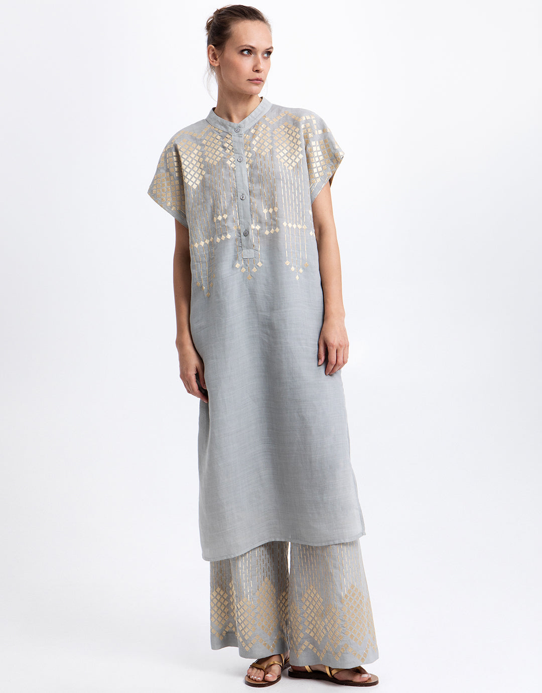 Greek Archaic Kori Grape Midi Tunic Dress - Light Grey and Gold - Simply Beach UK