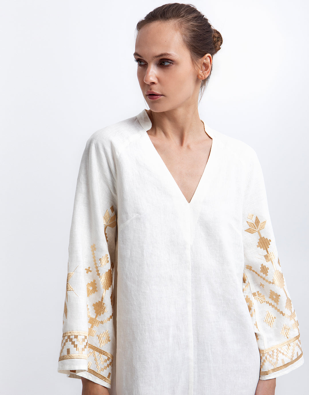 Greek Archaic Kori Ios Kaftan Dress - White and Gold - Simply Beach UK