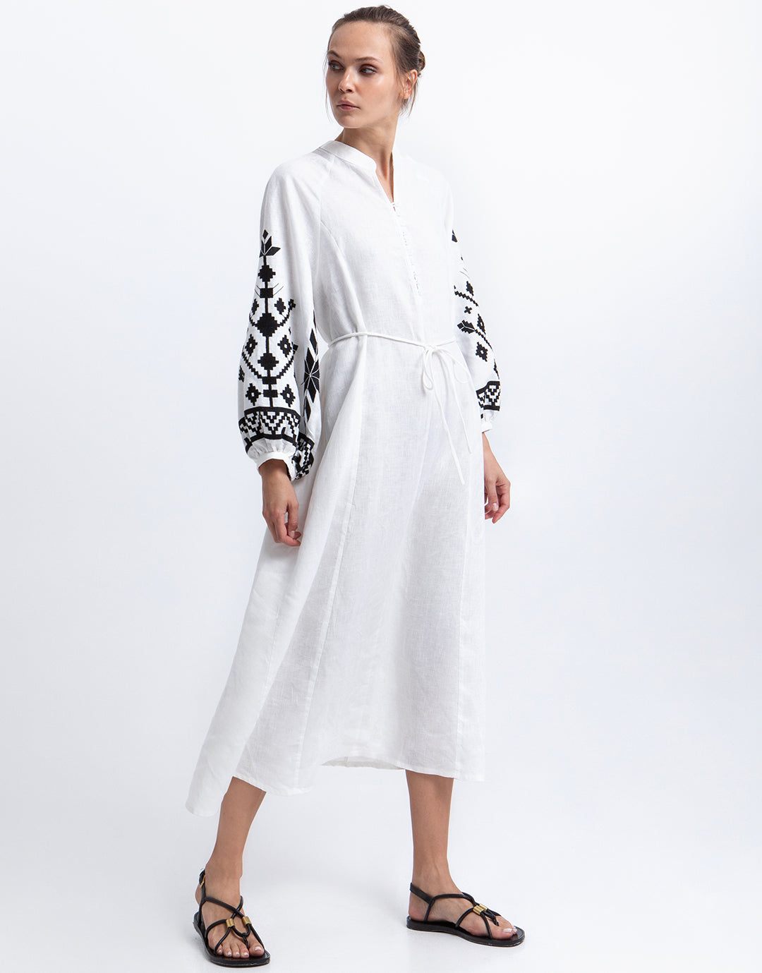Greek Archaic Kori Ios Button Front Kaftan Dress - White and Black - Simply Beach UK