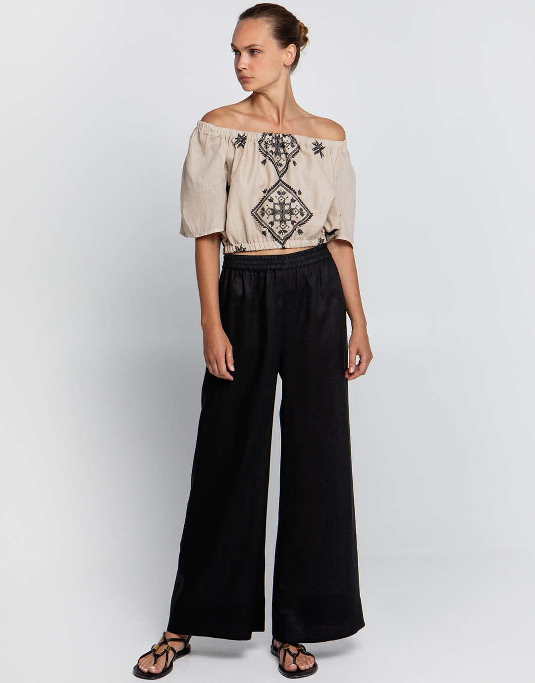 Greek Archaic Kori Lefkada Off the Shoulder Top - Beige and Black - Simply Beach UK