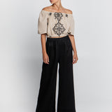 Greek Archaic Kori Lefkada Off the Shoulder Top - Beige and Black - Simply Beach UK