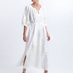 Greek Archaic Kori Ios Midi Kaftan Dress - White and Champagne - Simply Beach UK