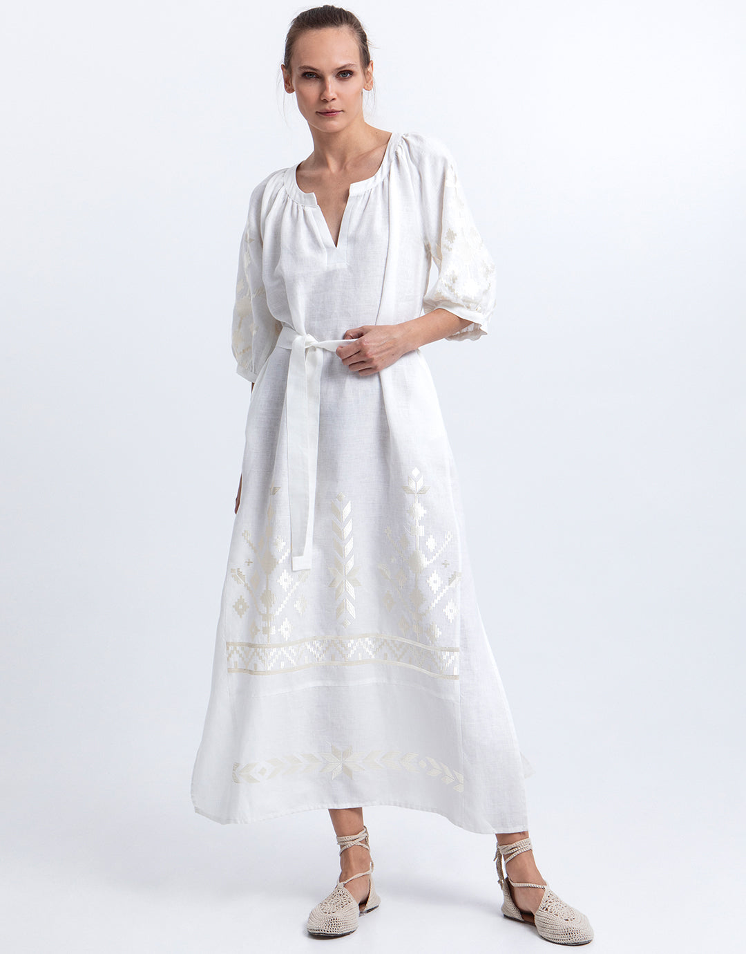 Greek Archaic Kori Ios Midi Kaftan Dress - White and Champagne - Simply Beach UK