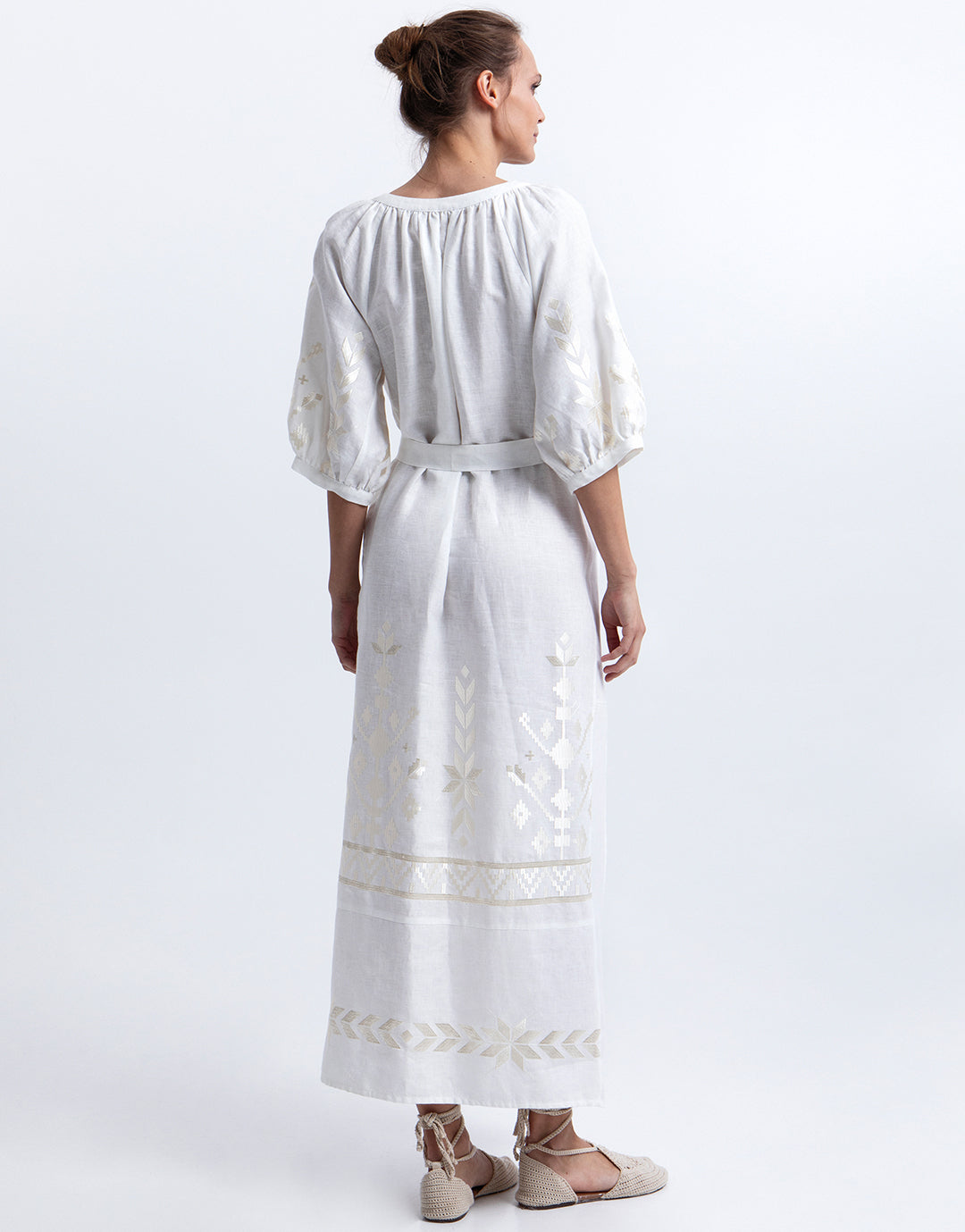 Greek Archaic Kori Ios Midi Kaftan Dress - White and Champagne - Simply Beach UK