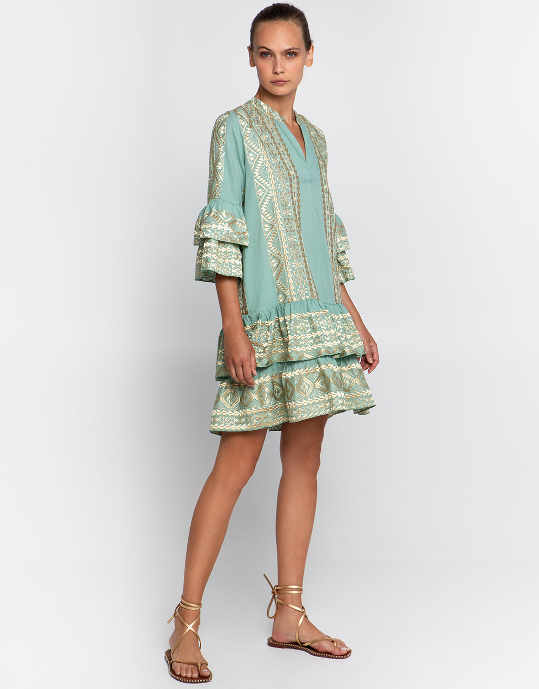 Classic Triangle Layered Mini Dress with Sash - Sea Green and Gold - Simply Beach UK