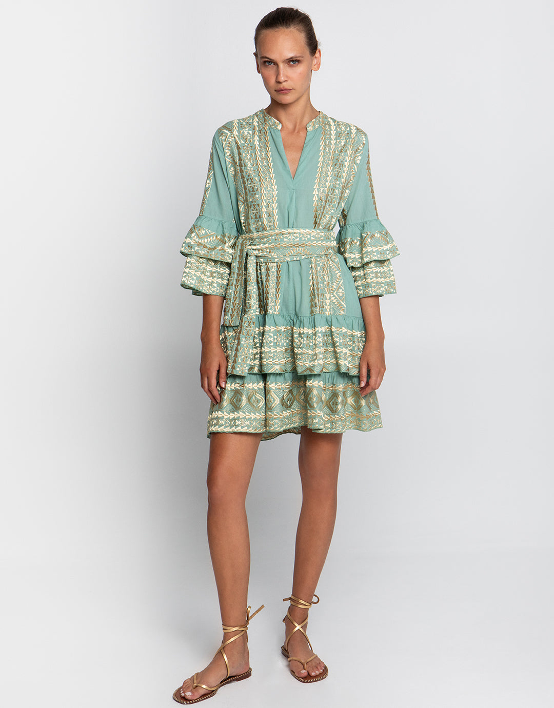 Classic Triangle Layered Mini Dress with Sash - Sea Green and Gold - Simply Beach UK