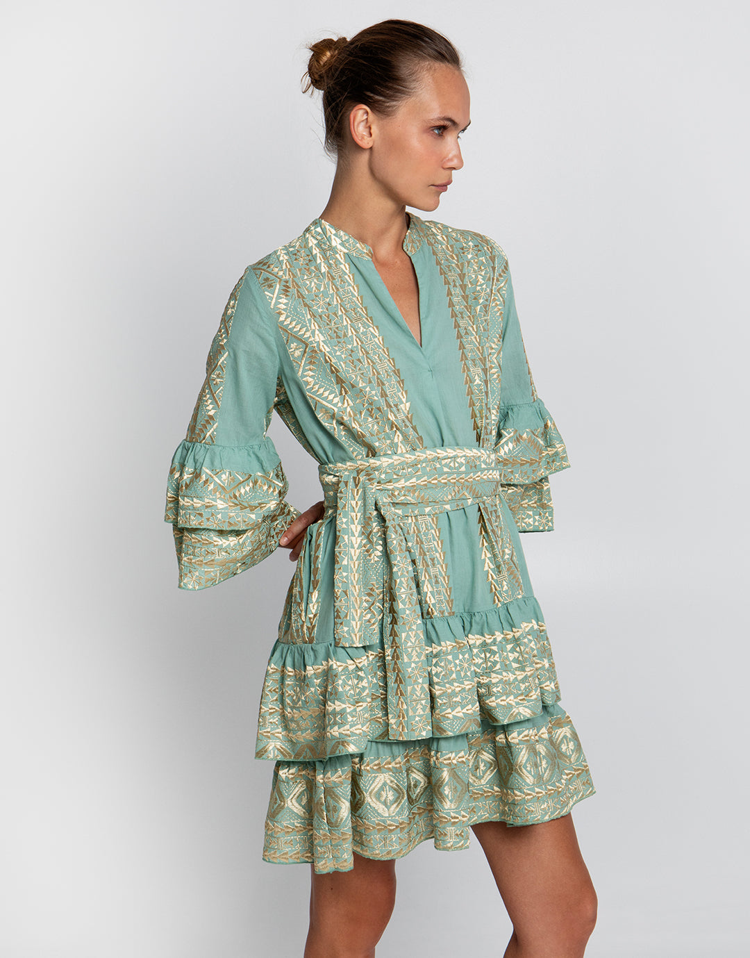 Classic Triangle Layered Mini Dress with Sash - Sea Green and Gold - Simply Beach UK