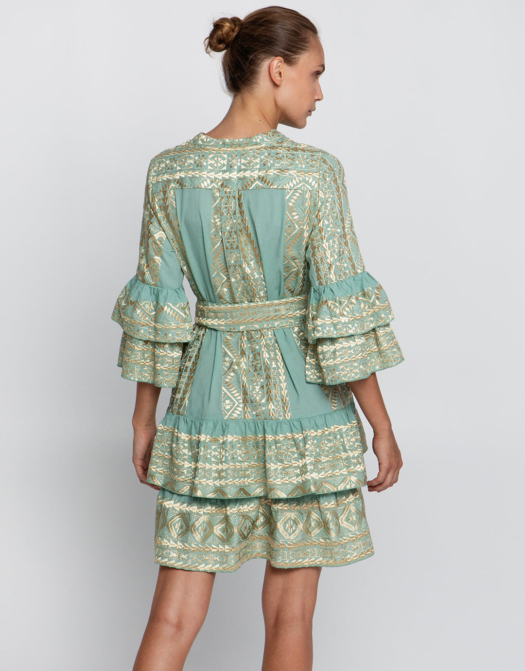 Classic Triangle Layered Mini Dress with Sash - Sea Green and Gold - Simply Beach UK