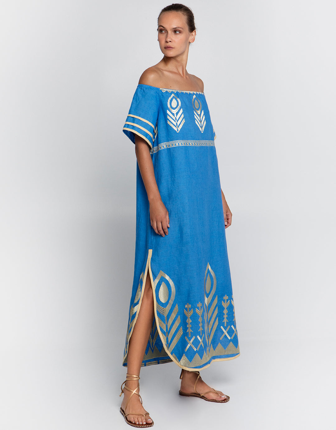 Feather Off The Shoulder Dress - Blue Raf and Gold - Simply Beach UK