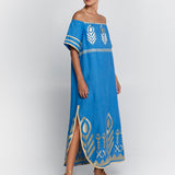 Feather Off The Shoulder Dress - Blue Raf and Gold