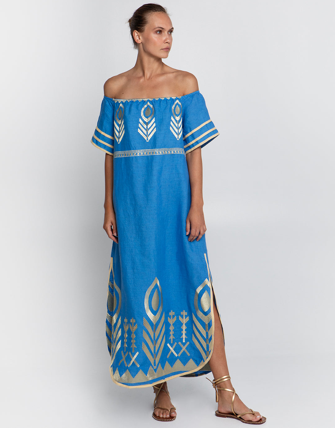 Feather Off The Shoulder Dress - Blue Raf and Gold Feather Off The Shoulder Dress - Blue Raf and Gold