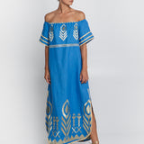 Feather Off The Shoulder Dress - Blue Raf and Gold