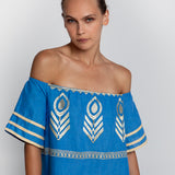Feather Off The Shoulder Dress - Blue Raf and Gold