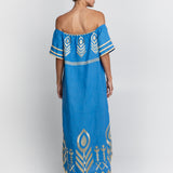 Feather Off The Shoulder Dress - Blue Raf and Gold