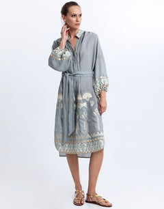 Greek Archaic Kori Papyrus Midi Shirt Dress - Stone and Multi Mint - Simply Beach UK