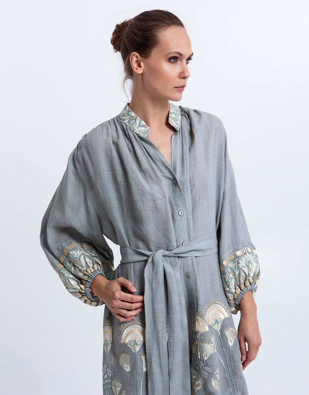 Greek Archaic Kori Papyrus Midi Shirt Dress - Stone and Multi Mint - Simply Beach UK