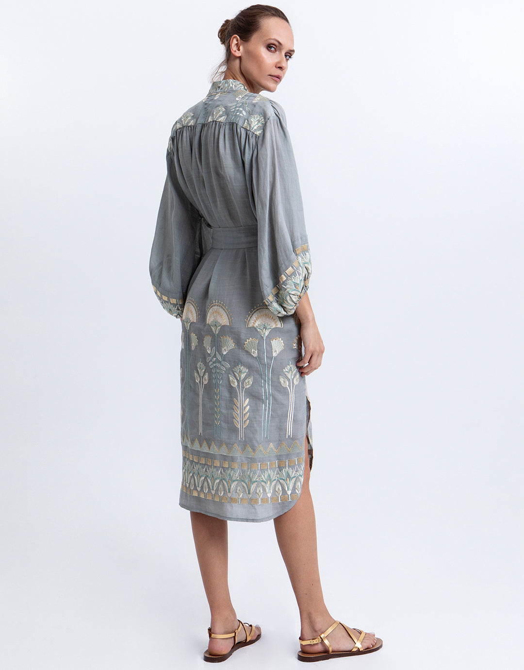 Greek Archaic Kori Papyrus Midi Shirt Dress - Stone and Multi Mint - Simply Beach UK