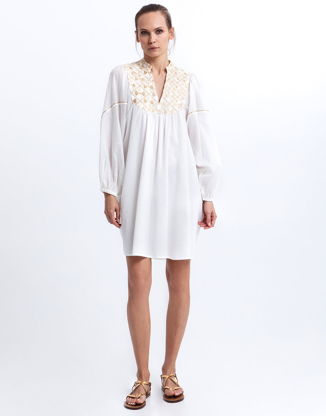 Greek Archaic Kori Flakes Mini Dress - White and Gold with Champagne - Simply Beach UK