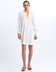Greek Archaic Kori Flakes Mini Dress - White and Gold with Champagne - Simply Beach UK