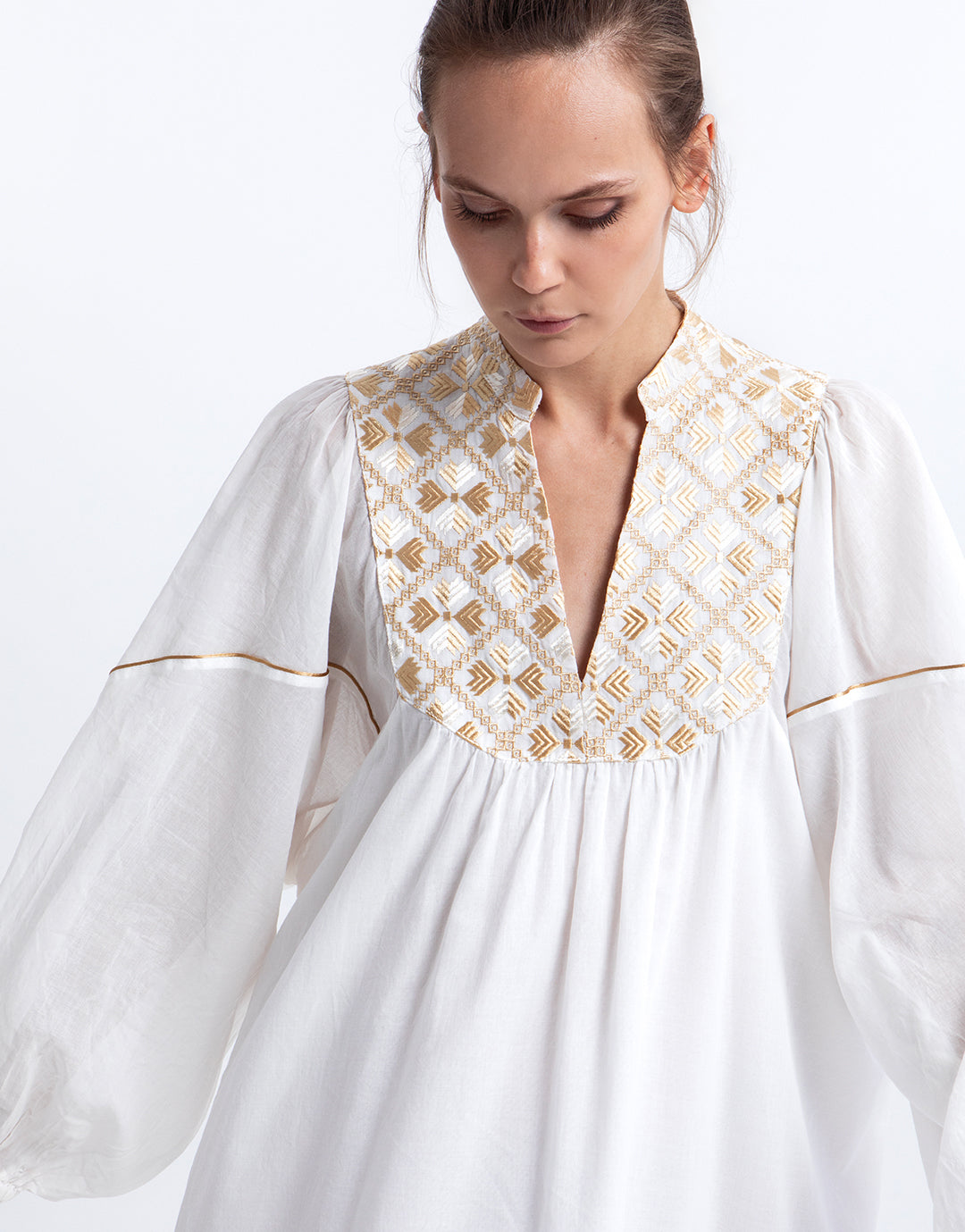 Greek Archaic Kori Flakes Mini Dress - White and Gold with Champagne - Simply Beach UK