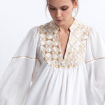Greek Archaic Kori Flakes Mini Dress - White and Gold with Champagne - Simply Beach UK
