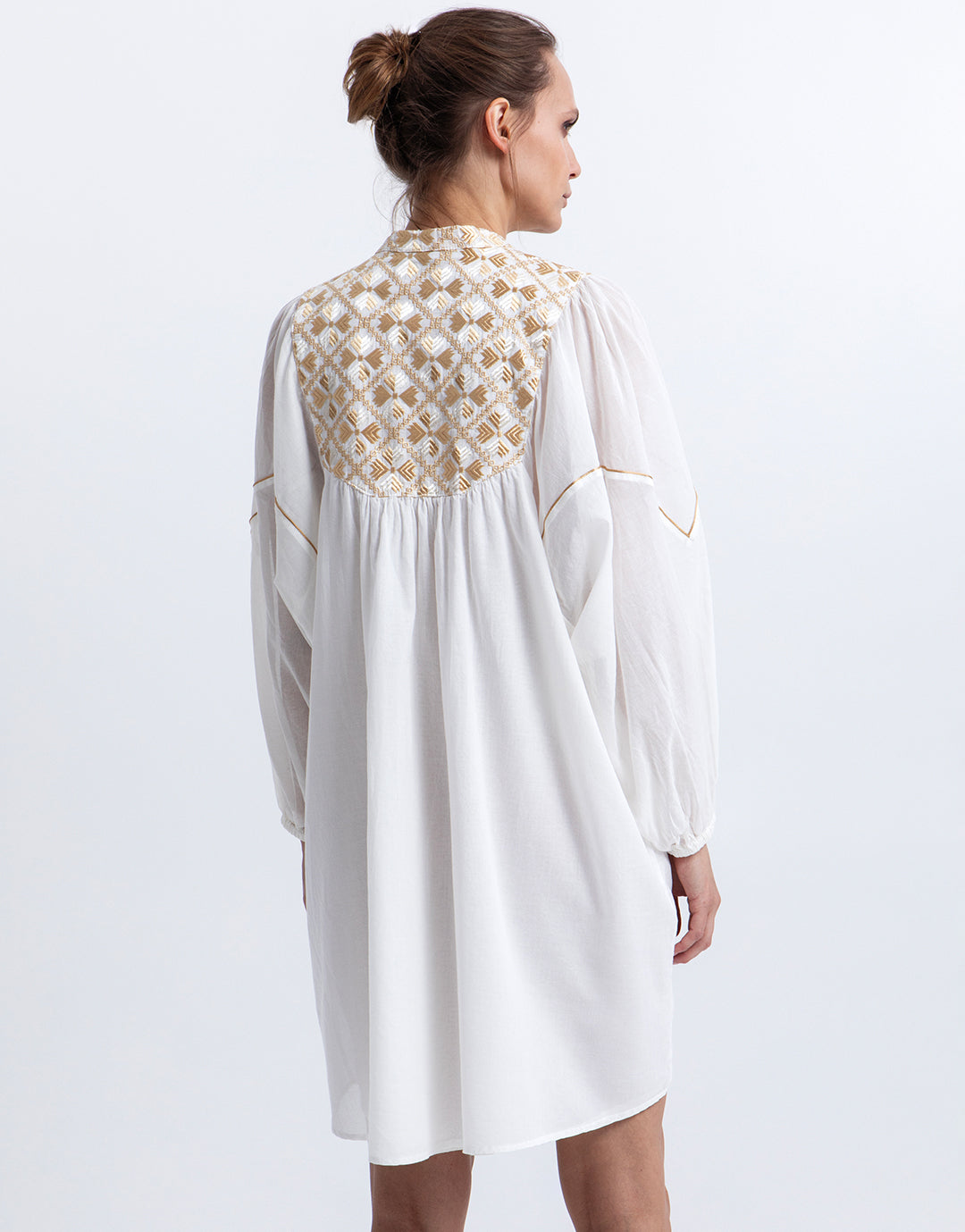 Greek Archaic Kori Flakes Mini Dress - White and Gold with Champagne - Simply Beach UK