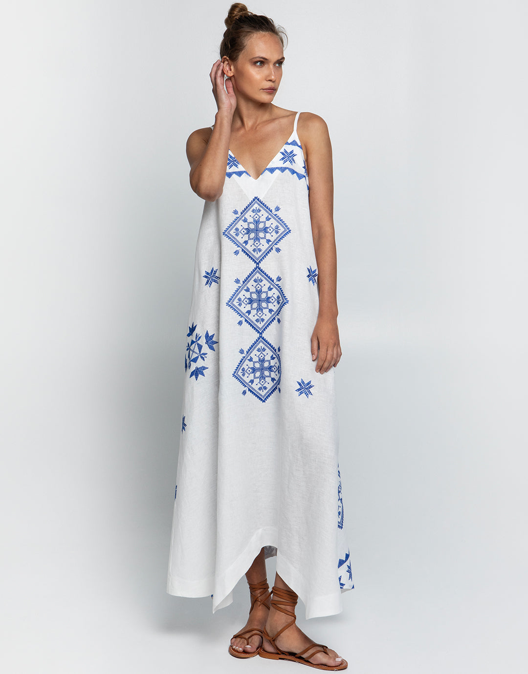 Lefkada Strappy Maxi Dress - White and Blue - Simply Beach UK