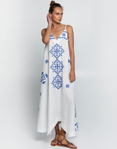 Lefkada Strappy Maxi Dress - White and Blue - Simply Beach UK