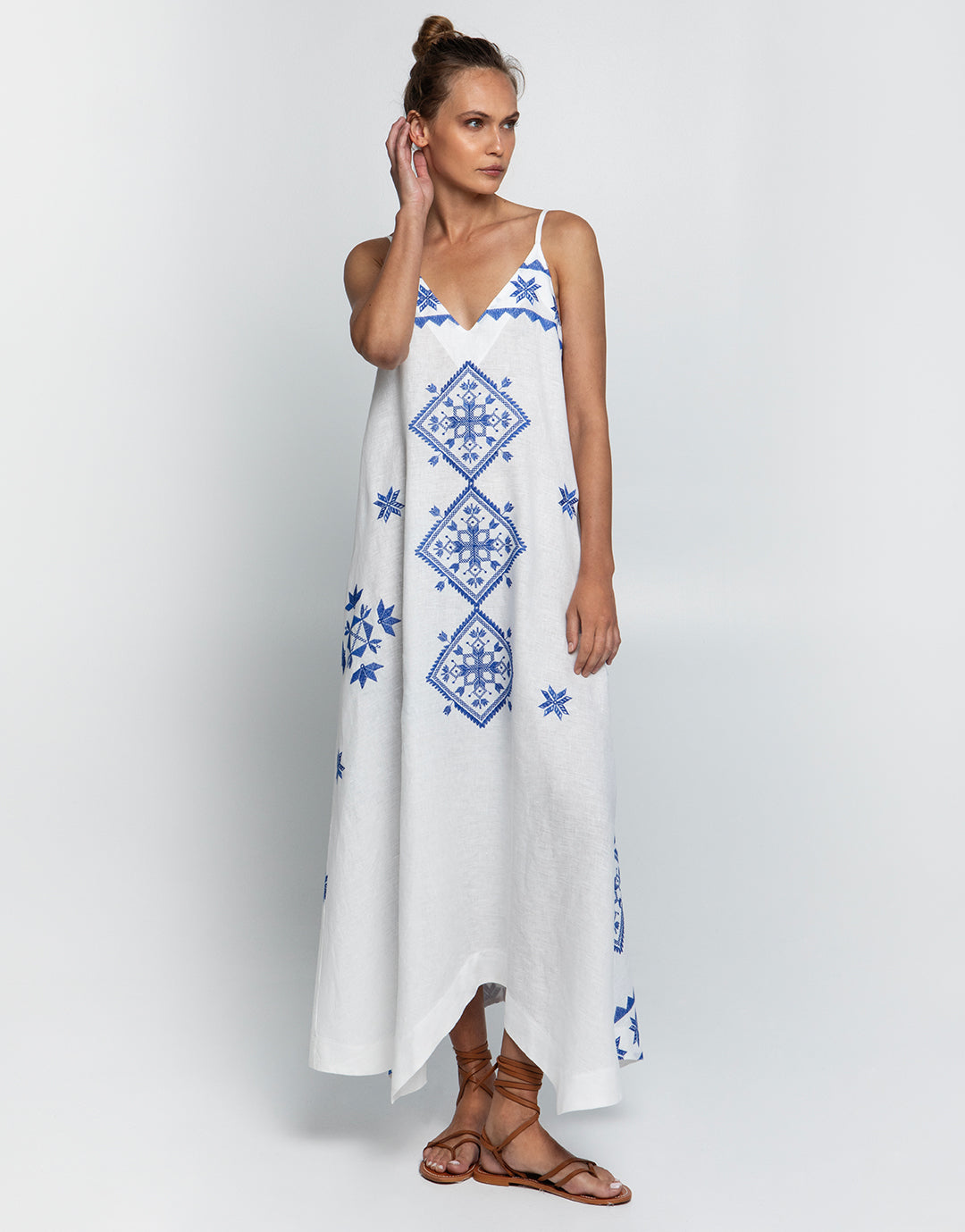Greek Archaic Kori Lefkada Strappy Dress - White and Blue - Simply Beach UK