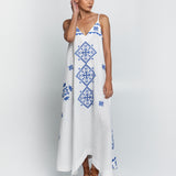 Greek Archaic Kori Lefkada Strappy Dress - White and Blue - Simply Beach UK