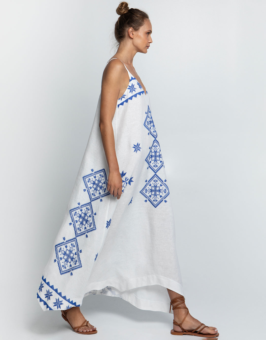 Greek Archaic Kori Lefkada Strappy Dress - White and Blue - Simply Beach UK