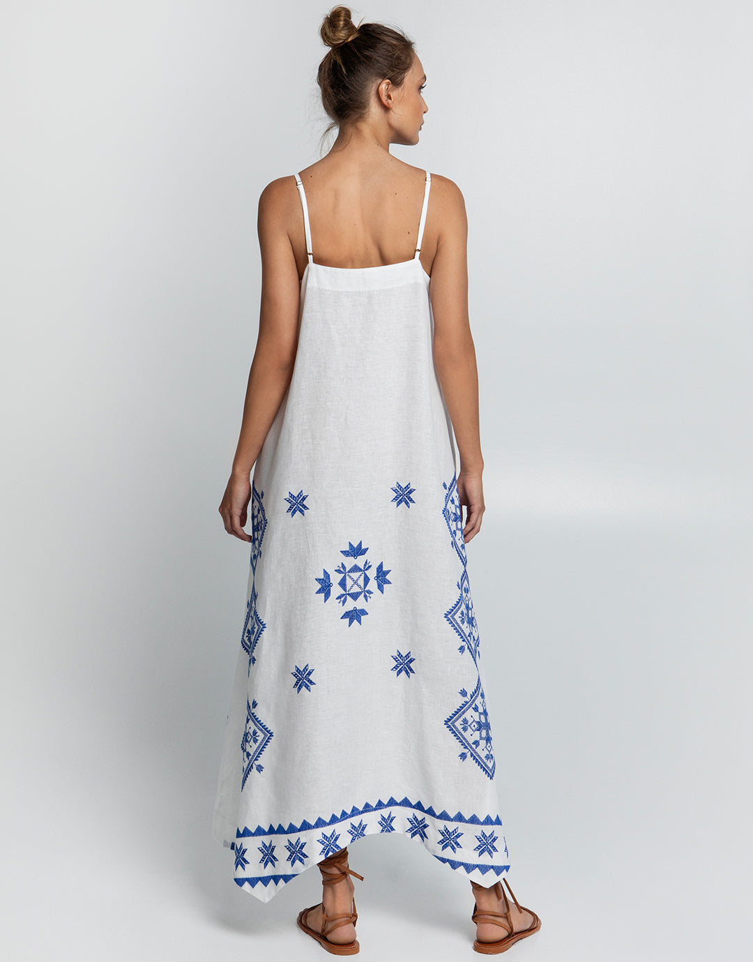 Greek Archaic Kori Lefkada Strappy Dress - White and Blue - Simply Beach UK