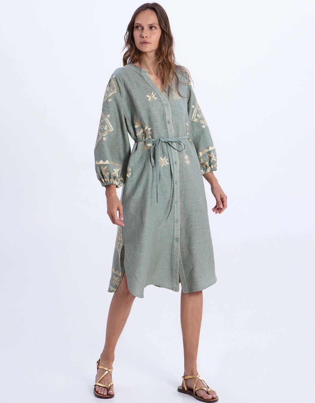 Greek Archaic Kori Lefkada Midi Shirt Dress - Sage and Gold - Simply Beach UK