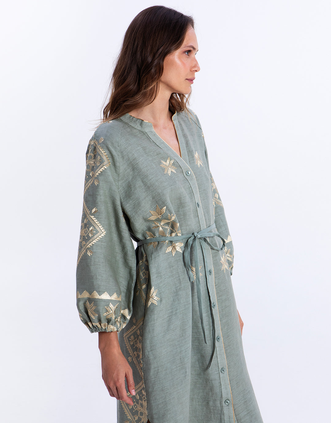 Greek Archaic Kori Lefkada Midi Shirt Dress - Sage and Gold - Simply Beach UK