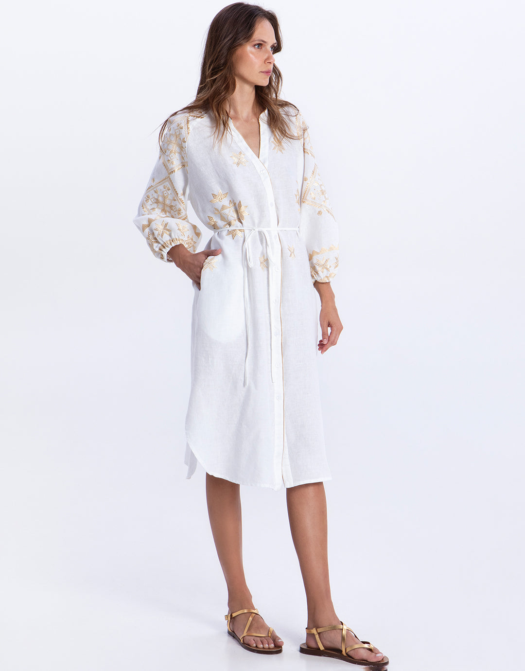Greek Archaic Kori Lefkada Midi Shirt Dress - White and Gold - Simply Beach UK