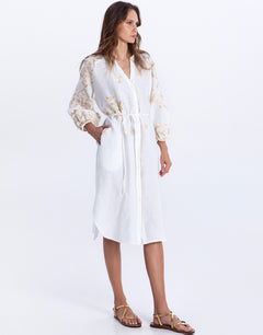Greek Archaic Kori Lefkada Midi Shirt Dress - White and Gold - Simply Beach UK