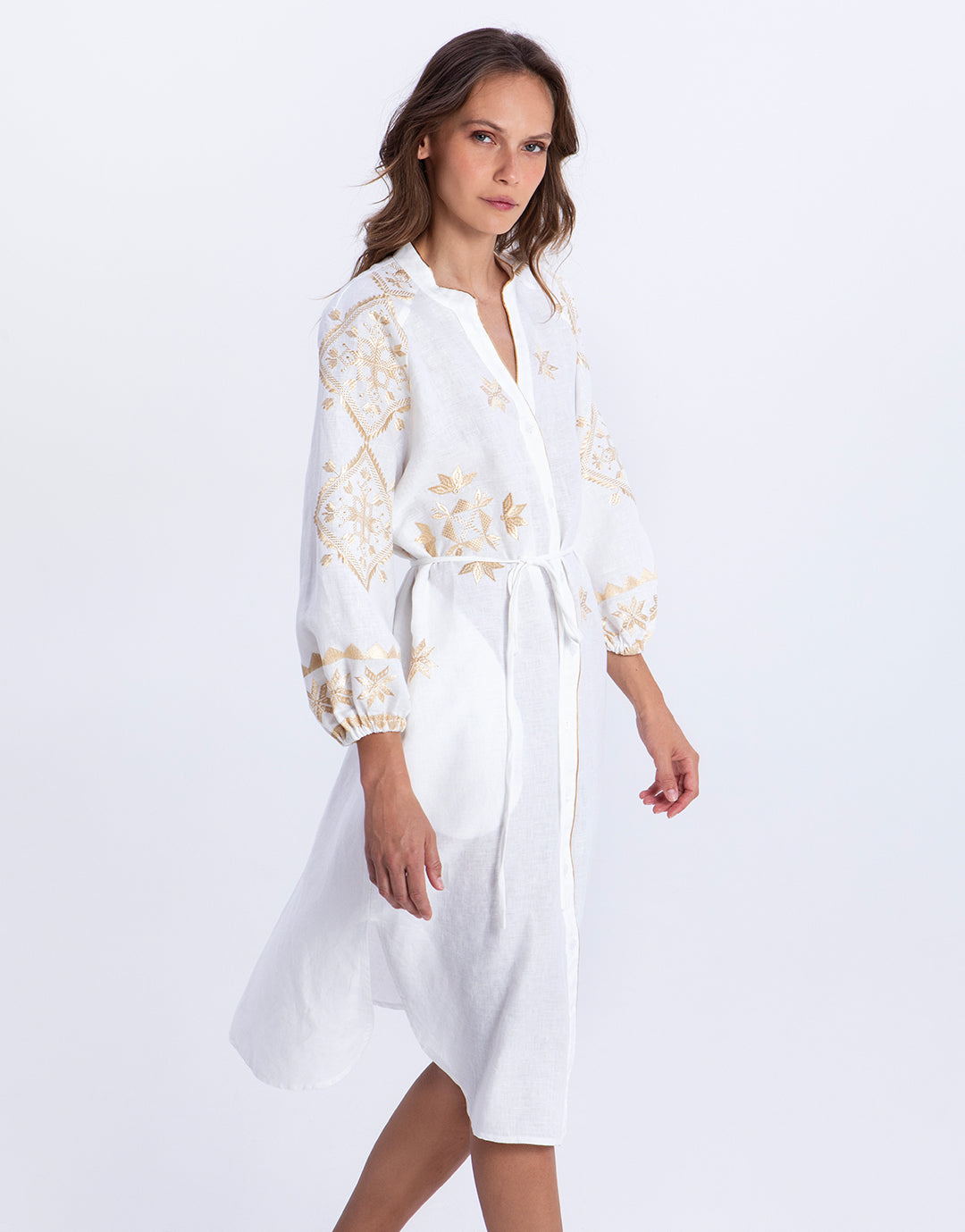 Greek Archaic Kori Lefkada Midi Shirt Dress - White and Gold - Simply Beach UK
