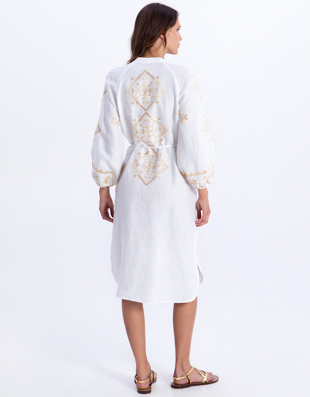 Greek Archaic Kori Lefkada Midi Shirt Dress - White and Gold - Simply Beach UK