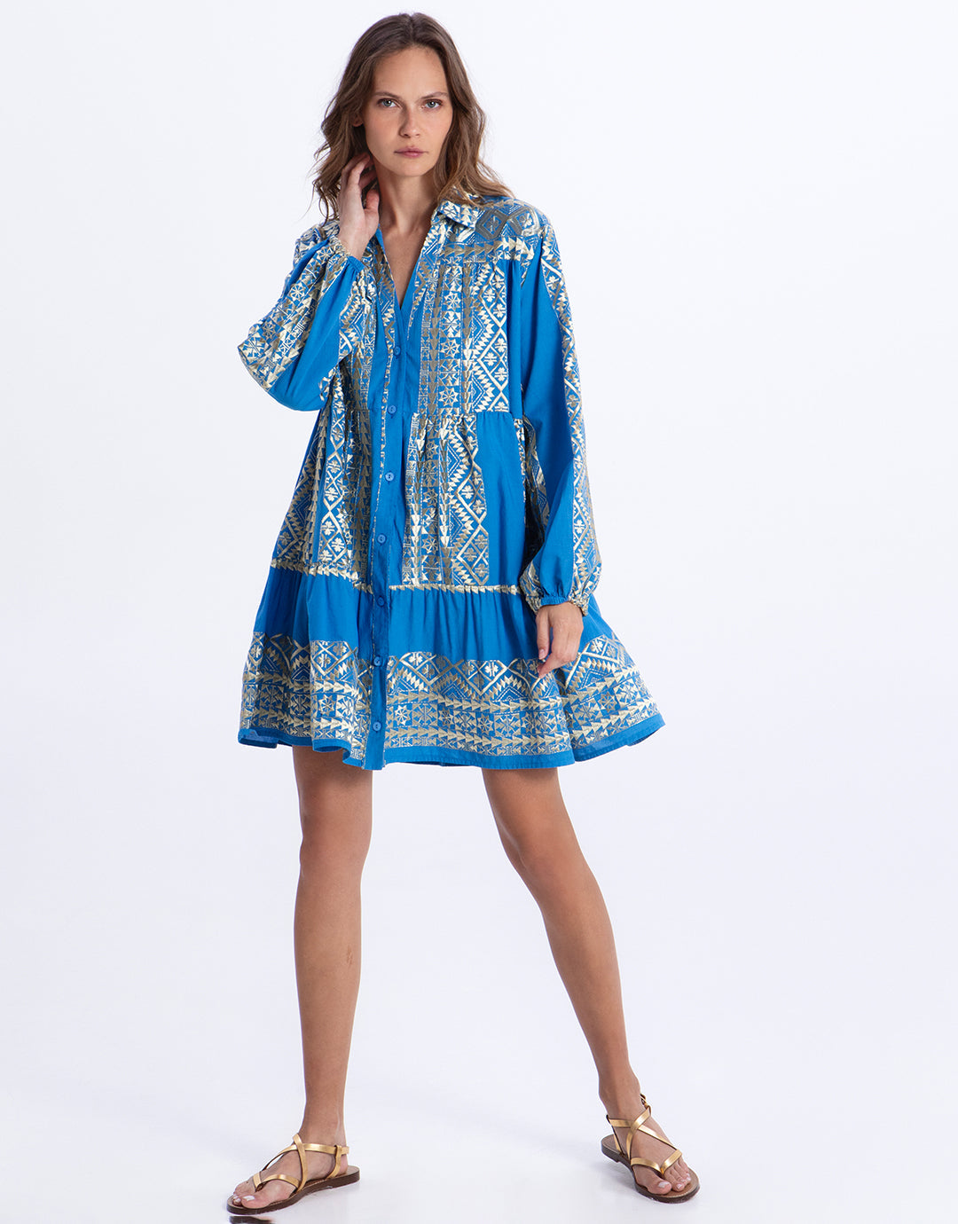 Greek Archaic Kori Classic Triangle Long Sleeve Mini Dress - Blue Raf and Gold - Simply Beach UK