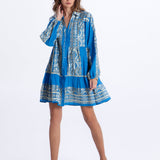 Greek Archaic Kori Classic Triangle Long Sleeve Mini Dress - Blue Raf and Gold - Simply Beach UK