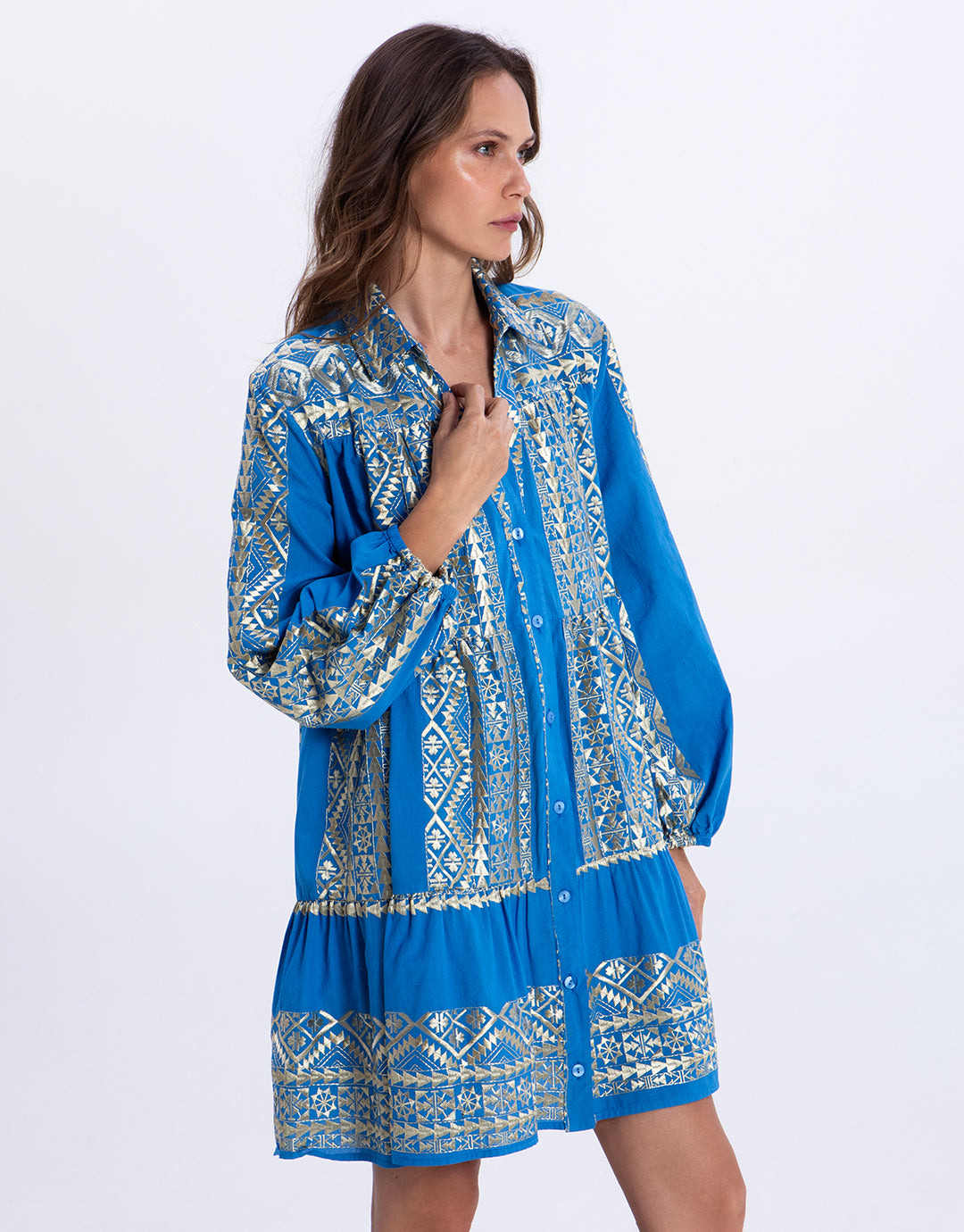 Greek Archaic Kori Classic Triangle Long Sleeve Mini Dress - Blue Raf and Gold - Simply Beach UK