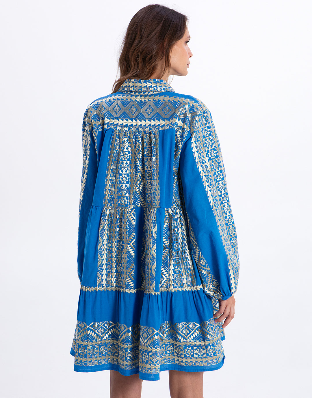Greek Archaic Kori Classic Triangle Long Sleeve Mini Dress - Blue Raf and Gold - Simply Beach UK
